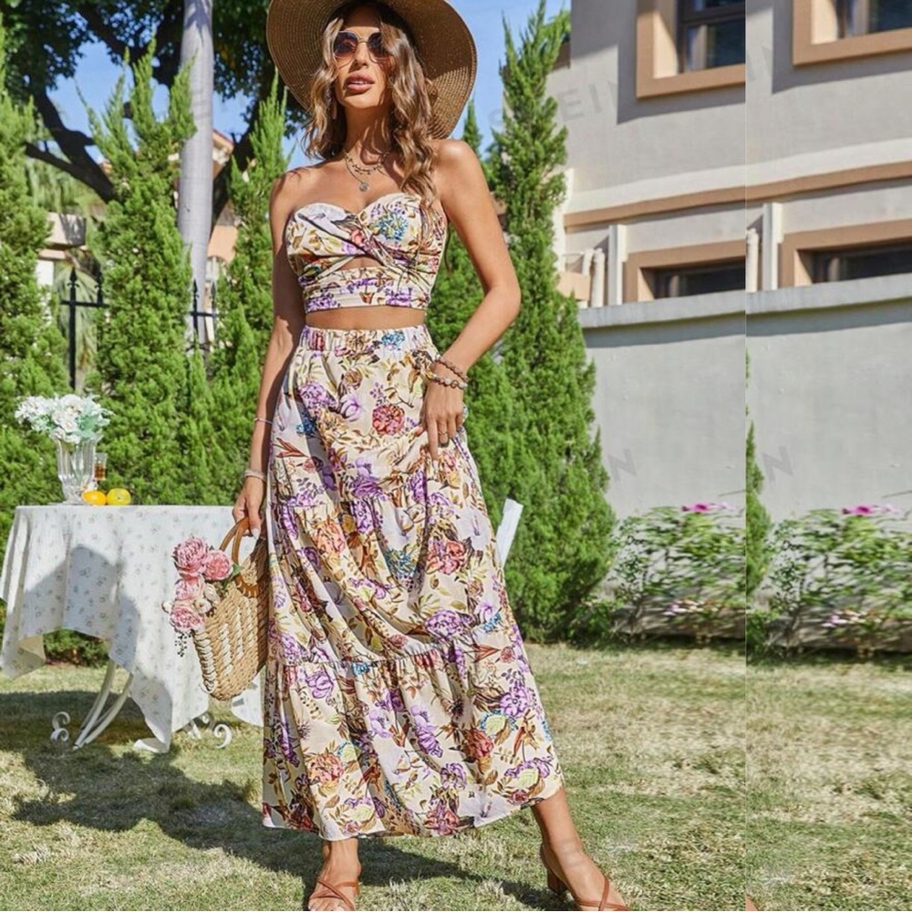2 Piece Outfit Floral Vacation Maxi Dress Twist Cut Out Tube NEW